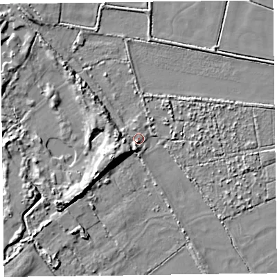 Shaded relief map of the ground around L370AH, computed from Environment Agency LiDAR. The ground here sits at about 4 m above sea level and falls 9 m across the surrounding 800 m. Surface water reaching this point runs off ground lying to the south-west, 4.4 m higher.