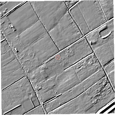 Shaded relief map of the ground around L370AJ, computed from Environment Agency LiDAR. The ground here sits at about 5 m above sea level and falls 6 m across the surrounding 800 m. Surface water reaching this point runs off ground lying to the south-west, 2.5 m higher.