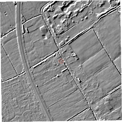 Shaded relief map of the ground around L370AN, computed from Environment Agency LiDAR. The ground here sits at about 6 m above sea level and falls 5 m across the surrounding 800 m. Surface water reaching this point runs off ground lying to the north-west, 3.3 m higher.