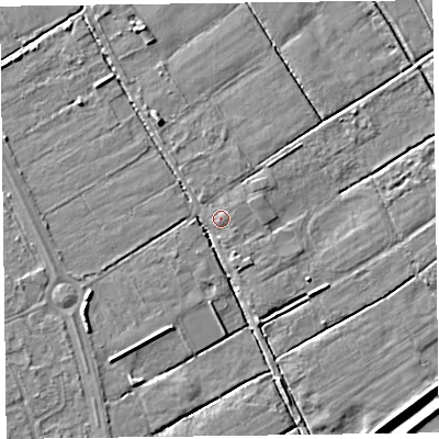 Shaded relief map of the ground around L370AP, computed from Environment Agency LiDAR. The ground here sits at about 6 m above sea level and falls 6 m across the surrounding 800 m. Surface water reaching this point runs off ground lying to the east, 0.6 m higher.