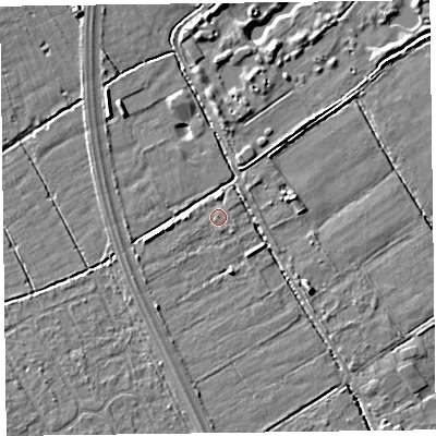 Shaded relief map of the ground around L370AR, computed from Environment Agency LiDAR. The ground here sits at about 6 m above sea level and falls 5 m across the surrounding 800 m. Surface water reaching this point runs off ground lying to the west, 2.0 m higher.