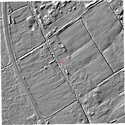 Shaded relief map of the ground around L370AW, computed from Environment Agency LiDAR. The ground here sits at about 6 m above sea level and falls 5 m across the surrounding 800 m. Surface water reaching this point runs off ground lying to the north, 1.3 m higher.