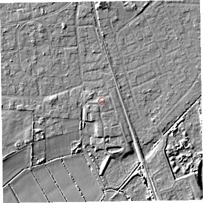 Shaded relief map of the ground around L372EP, computed from Environment Agency LiDAR. The ground here sits at about 7 m above sea level and falls 9 m across the surrounding 800 m. Surface water reaching this point runs off ground lying to the east, 1.0 m higher.