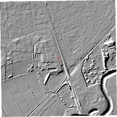 Shaded relief map of the ground around L372FG, computed from Environment Agency LiDAR. The ground here sits at about 6 m above sea level and falls 9 m across the surrounding 800 m. Surface water reaching this point runs off ground lying to the north-west, 3.0 m higher.
