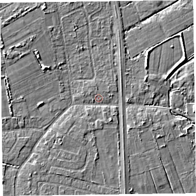 Shaded relief map of the ground around L373JY, computed from Environment Agency LiDAR. The ground here sits at about 5 m above sea level and falls 6 m across the surrounding 800 m. Surface water reaching this point runs off ground lying to the south-south-west, 1.3 m higher.