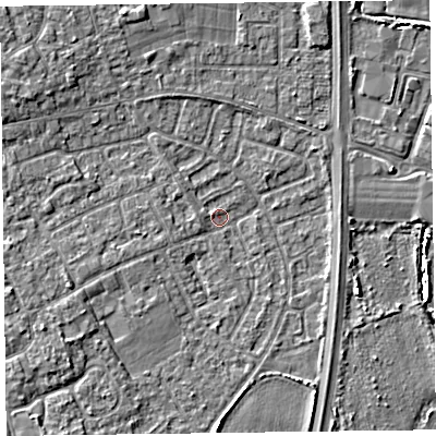 Shaded relief map of the ground around L374EP, computed from Environment Agency LiDAR. The ground here sits at about 5 m above sea level and falls 4 m across the surrounding 800 m. Surface water reaching this point runs off ground lying to the south-west, 2.6 m higher.