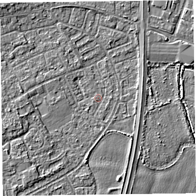 Shaded relief map of the ground around L374EU, computed from Environment Agency LiDAR. The ground here sits at about 5 m above sea level and falls 4 m across the surrounding 800 m. Surface water reaching this point runs off ground lying to the west-south-west, 2.3 m higher.