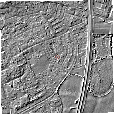 Shaded relief map of the ground around L374EX, computed from Environment Agency LiDAR. The ground here sits at about 5 m above sea level and falls 4 m across the surrounding 800 m. Surface water reaching this point runs off ground lying to the west-south-west, 2.1 m higher.