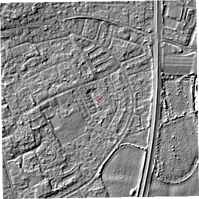 Shaded relief map of the ground around L374HA, computed from Environment Agency LiDAR. The ground here sits at about 5 m above sea level and falls 4 m across the surrounding 800 m. Surface water reaching this point runs off ground lying to the west-south-west, 2.3 m higher.