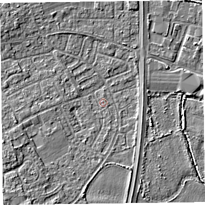 Shaded relief map of the ground around L374HB, computed from Environment Agency LiDAR. The ground here sits at about 5 m above sea level and falls 4 m across the surrounding 800 m. Surface water reaching this point runs off ground lying to the west-south-west, 2.6 m higher.