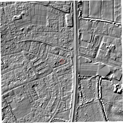 Shaded relief map of the ground around L374HD, computed from Environment Agency LiDAR. The ground here sits at about 4 m above sea level and falls 7 m across the surrounding 800 m. Surface water reaching this point runs off ground lying to the south-west, 2.6 m higher.