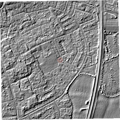 Shaded relief map of the ground around L374HE, computed from Environment Agency LiDAR. The ground here sits at about 5 m above sea level and falls 3 m across the surrounding 800 m. Surface water reaching this point runs off ground lying to the west, 2.0 m higher.