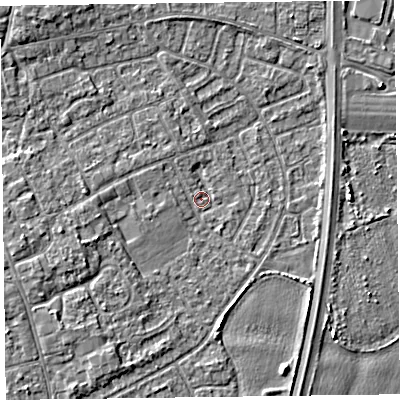 Shaded relief map of the ground around L374HF, computed from Environment Agency LiDAR. The ground here sits at about 5 m above sea level and falls 3 m across the surrounding 800 m. Surface water reaching this point runs off ground lying to the west-south-west, 2.2 m higher.