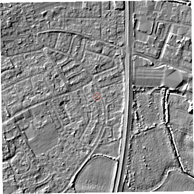 Shaded relief map of the ground around L374HG, computed from Environment Agency LiDAR. The ground here sits at about 4 m above sea level and falls 7 m across the surrounding 800 m. Surface water reaching this point runs off ground lying to the west-south-west, 2.6 m higher.