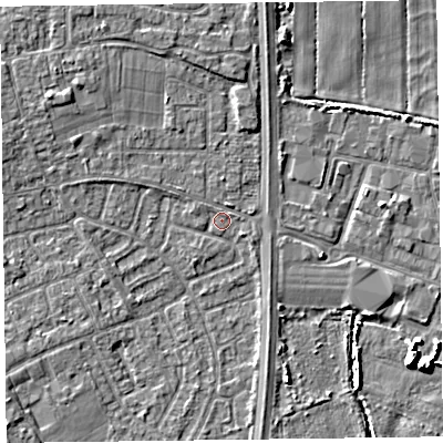 Shaded relief map of the ground around L374HH, computed from Environment Agency LiDAR. The ground here sits at about 5 m above sea level and falls 7 m across the surrounding 800 m. Surface water reaching this point runs off ground lying to the west-north-west, 2.4 m higher.