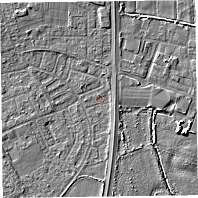 Shaded relief map of the ground around L374HJ, computed from Environment Agency LiDAR. The ground here sits at about 4 m above sea level and falls 7 m across the surrounding 800 m. Surface water reaching this point runs off ground lying to the south, 2.1 m higher.