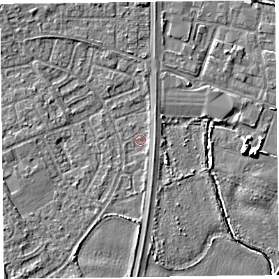 Shaded relief map of the ground around L374HL, computed from Environment Agency LiDAR. The ground here sits at about 4 m above sea level and falls 7 m across the surrounding 800 m. Surface water reaching this point runs off ground lying to the south, 2.0 m higher.