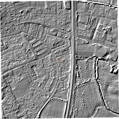 Shaded relief map of the ground around L374HQ, computed from Environment Agency LiDAR. The ground here sits at about 4 m above sea level and falls 7 m across the surrounding 800 m. Surface water reaching this point runs off ground lying to the west-south-west, 2.6 m higher.
