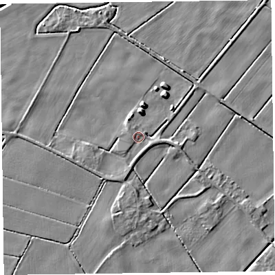 Shaded relief map of the ground around L375AA, computed from Environment Agency LiDAR. The ground here sits at about 4 m above sea level and falls 7 m across the surrounding 800 m. Surface water reaching this point runs off ground lying to the east-south-east, 1.2 m higher.