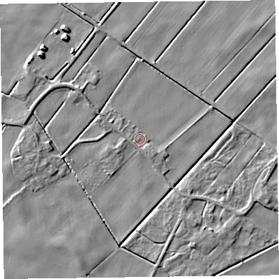 Shaded relief map of the ground around L375AB, computed from Environment Agency LiDAR. The ground here sits at about 3 m above sea level and falls 6 m across the surrounding 800 m. Surface water reaching this point runs off ground lying to the west-north-west, 1.5 m higher.