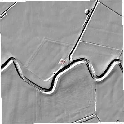 Shaded relief map of the ground around L375AD, computed from Environment Agency LiDAR. The ground here sits at about 5 m above sea level and falls 6 m across the surrounding 800 m. Surface water reaching this point runs off ground lying to the south-west, 2.7 m higher.