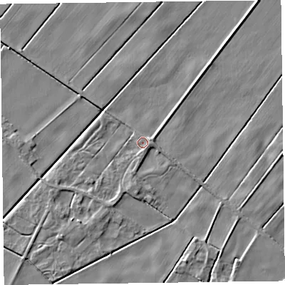 Shaded relief map of the ground around L375AF, computed from Environment Agency LiDAR. The ground here sits at about 3 m above sea level and falls 5 m across the surrounding 800 m. Surface water reaching this point runs off ground lying to the south-south-west, 1.7 m higher.