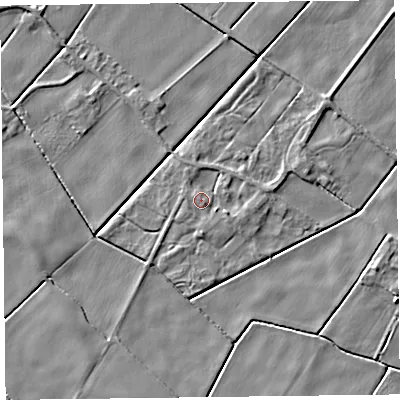 Shaded relief map of the ground around L375AH, computed from Environment Agency LiDAR. The ground here sits at about 4 m above sea level and falls 4 m across the surrounding 800 m. Surface water reaching this point runs off ground lying to the south-east, 1.6 m higher.
