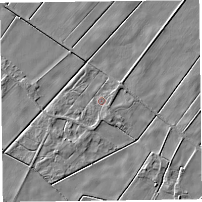 Shaded relief map of the ground around L375AJ, computed from Environment Agency LiDAR. The ground here sits at about 3 m above sea level and falls 4 m across the surrounding 800 m. Surface water reaching this point runs off ground lying to the south, 1.7 m higher.