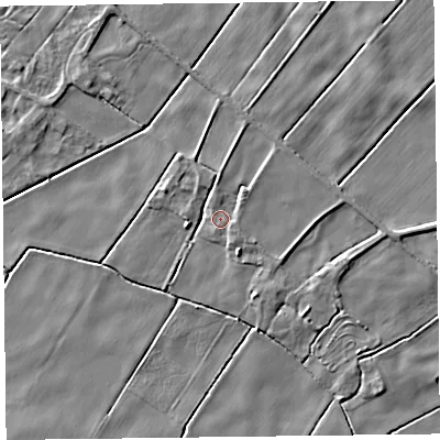 Shaded relief map of the ground around L375AL, computed from Environment Agency LiDAR. The ground here sits at about 3 m above sea level and falls 4 m across the surrounding 800 m. Surface water reaching this point runs off ground lying to the north-east, 1.9 m higher.