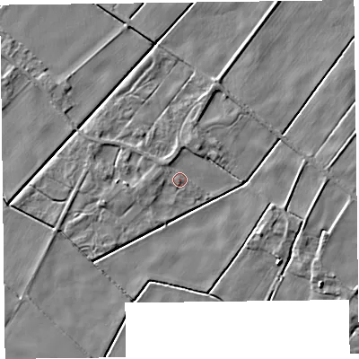 Shaded relief map of the ground around L375AQ, computed from Environment Agency LiDAR. The ground here sits at about 3 m above sea level and falls 4 m across the surrounding 800 m. Surface water reaching this point runs off ground lying to the north-north-west, 2.8 m higher.