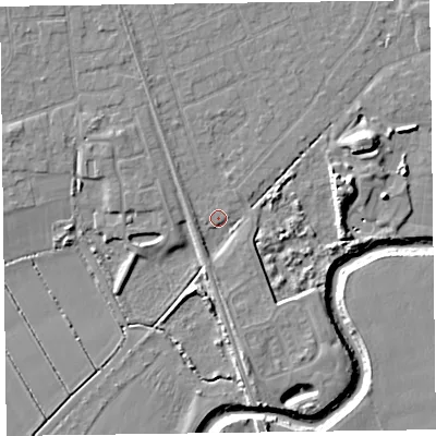 Shaded relief map of the ground around L376AP, computed from Environment Agency LiDAR. The ground here sits at about 5 m above sea level and falls 9 m across the surrounding 800 m. Surface water reaching this point runs off ground lying to the north-north-west, 2.2 m higher.