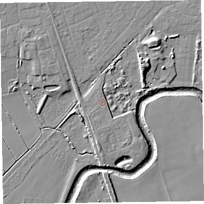 Shaded relief map of the ground around L376BF, computed from Environment Agency LiDAR. The ground here sits at about 6 m above sea level and falls 9 m across the surrounding 800 m. Surface water reaching this point runs off ground lying to the south-south-west, 1.6 m higher.