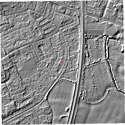 Shaded relief map of the ground around L376DE, computed from Environment Agency LiDAR. The ground here sits at about 5 m above sea level and falls 7 m across the surrounding 800 m. The ground contributing surface water to this point lies to the south-south-west.