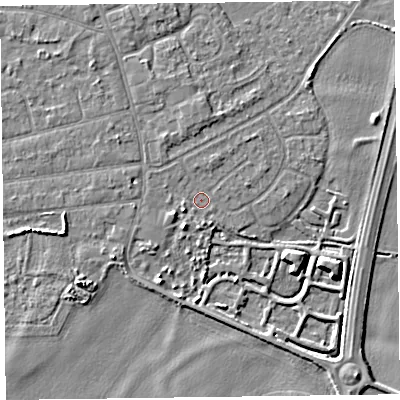 Shaded relief map of the ground around L376DL, computed from Environment Agency LiDAR. The ground here sits at about 5 m above sea level and falls 5 m across the surrounding 800 m. Surface water reaching this point runs off ground lying to the north-north-west, 1.4 m higher.