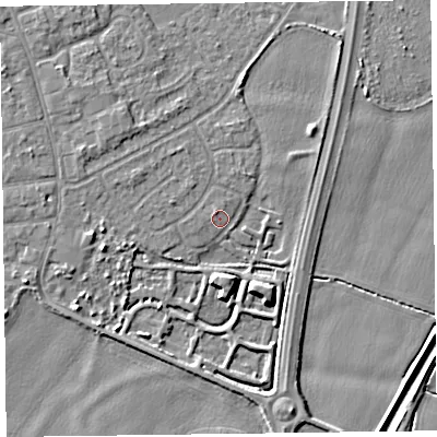 Shaded relief map of the ground around L376DP, computed from Environment Agency LiDAR. The ground here sits at about 5 m above sea level and falls 6 m across the surrounding 800 m. Surface water reaching this point runs off ground lying to the south, 4.3 m higher.