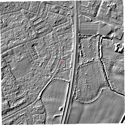 Shaded relief map of the ground around L376DQ, computed from Environment Agency LiDAR. The ground here sits at about 5 m above sea level and falls 8 m across the surrounding 800 m. Surface water reaching this point runs off ground lying to the south, 1.5 m higher.