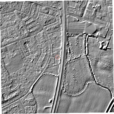 Shaded relief map of the ground around L376DT, computed from Environment Agency LiDAR. The ground here sits at about 5 m above sea level and falls 8 m across the surrounding 800 m. Surface water reaching this point runs off ground lying to the south-south-west, 1.6 m higher.