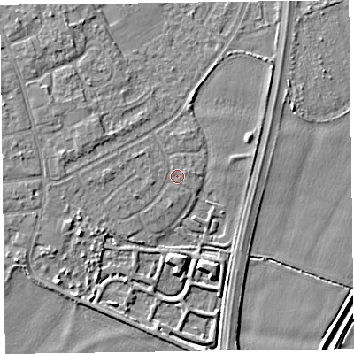 Shaded relief map of the ground around L376DW, computed from Environment Agency LiDAR. The ground here sits at about 5 m above sea level and falls 6 m across the surrounding 800 m. Surface water reaching this point runs off ground lying to the north-north-east, 0.6 m higher.