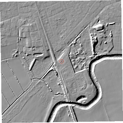 Shaded relief map of the ground around L376EU, computed from Environment Agency LiDAR. The ground here sits at about 6 m above sea level and falls 9 m across the surrounding 800 m. Surface water reaching this point runs off ground lying to the south, 3.2 m higher.
