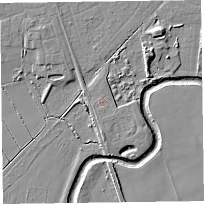 Shaded relief map of the ground around L376EX, computed from Environment Agency LiDAR. The ground here sits at about 6 m above sea level and falls 9 m across the surrounding 800 m. Surface water reaching this point runs off ground lying to the south, 1.1 m higher.