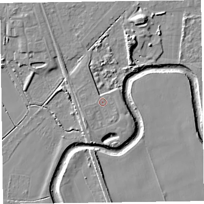 Shaded relief map of the ground around L376EZ, computed from Environment Agency LiDAR. The ground here sits at about 6 m above sea level and falls 9 m across the surrounding 800 m. Surface water reaching this point runs off ground lying to the south-south-west, 2.2 m higher.
