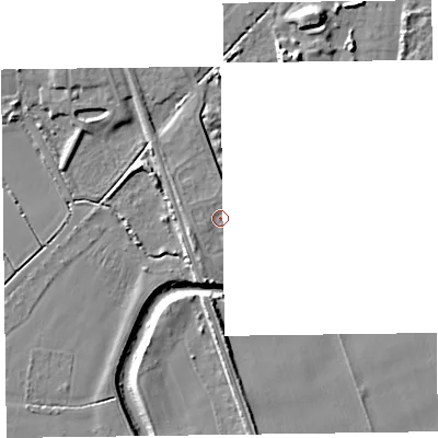 Shaded relief map of the ground around L376FA, computed from Environment Agency LiDAR. The ground here sits at about 6 m above sea level and falls 9 m across the surrounding 800 m. Surface water reaching this point runs off ground lying to the west, 1.1 m higher.