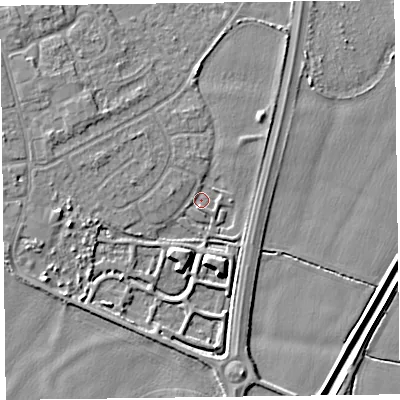 Shaded relief map of the ground around L376FN, computed from Environment Agency LiDAR. The ground here sits at about 4 m above sea level and falls 6 m across the surrounding 800 m. Surface water reaching this point runs off ground lying to the south-south-west, 4.3 m higher.