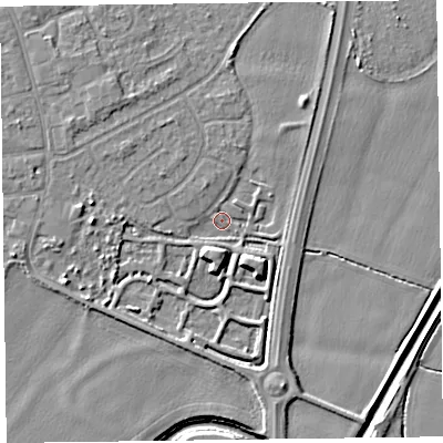 Shaded relief map of the ground around L376FP, computed from Environment Agency LiDAR. The ground here sits at about 4 m above sea level and falls 7 m across the surrounding 800 m. Surface water reaching this point runs off ground lying to the south-south-west, 4.3 m higher.