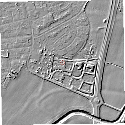 Shaded relief map of the ground around L376FQ, computed from Environment Agency LiDAR. The ground here sits at about 4 m above sea level and falls 7 m across the surrounding 800 m. Surface water reaching this point runs off ground lying to the east, 5.0 m higher.