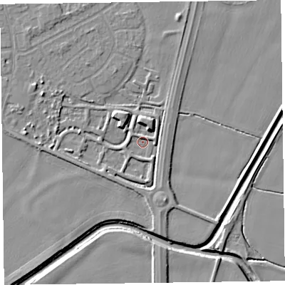 Shaded relief map of the ground around L376FR, computed from Environment Agency LiDAR. The ground here sits at about 4 m above sea level and falls 7 m across the surrounding 800 m. Surface water reaching this point runs off ground lying to the north, 5.0 m higher.