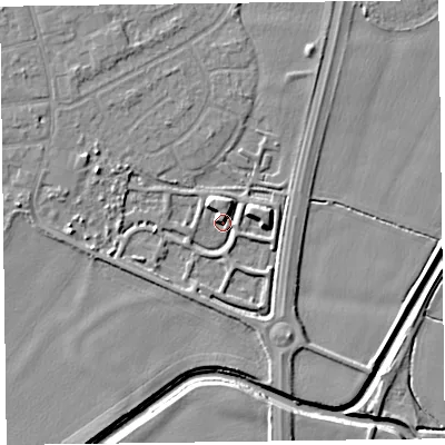 Shaded relief map of the ground around L376FS, computed from Environment Agency LiDAR. The ground here sits at about 7 m above sea level and falls 7 m across the surrounding 800 m. Surface water reaching this point runs off ground lying to the east-north-east, 5.0 m higher.