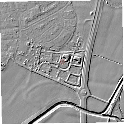 Shaded relief map of the ground around L376FT, computed from Environment Agency LiDAR. The ground here sits at about 4 m above sea level and falls 7 m across the surrounding 800 m. Surface water reaching this point runs off ground lying to the east-north-east, 5.0 m higher.