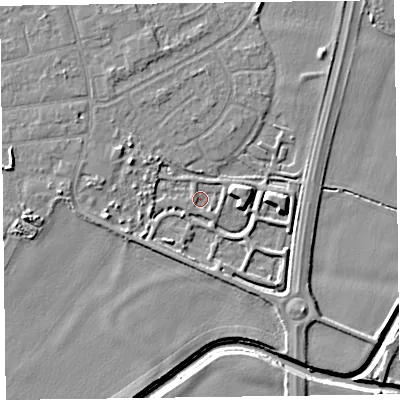 Shaded relief map of the ground around L376FW, computed from Environment Agency LiDAR. The ground here sits at about 4 m above sea level and falls 7 m across the surrounding 800 m. Surface water reaching this point runs off ground lying to the east, 5.0 m higher.