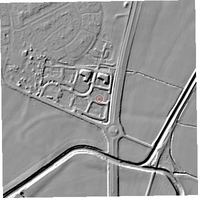 Shaded relief map of the ground around L376FX, computed from Environment Agency LiDAR. The ground here sits at about 4 m above sea level and falls 7 m across the surrounding 800 m. Surface water reaching this point runs off ground lying to the south-south-west, 2.7 m higher.